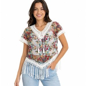 ASHA Top Women Large White Floral‎ Embroidered Mesh Crochet Fringe Boho Tunic